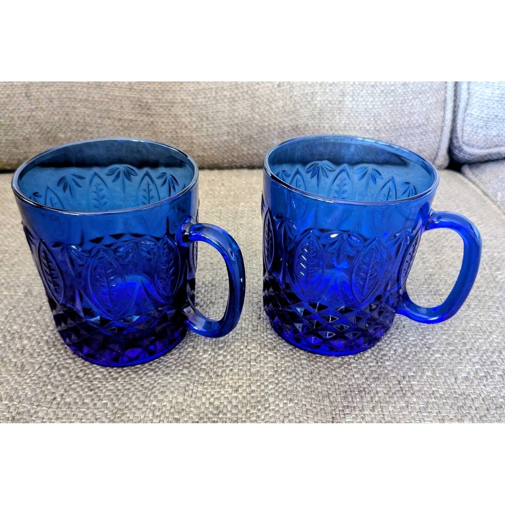 Set of Two Vintage Avon Royal Sapphire Mugs Pressed Leaf and Diamond Pattern